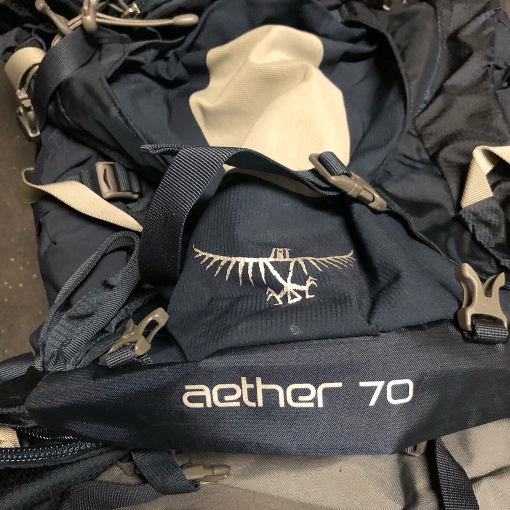 Midnight blue Osprey Aether 70 L, size M Backpack with airport duffel bag